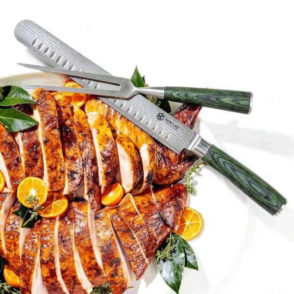 HexClad Carving Knife 10-Inch Fork, Damascus Steel Pakkawood Handle-6