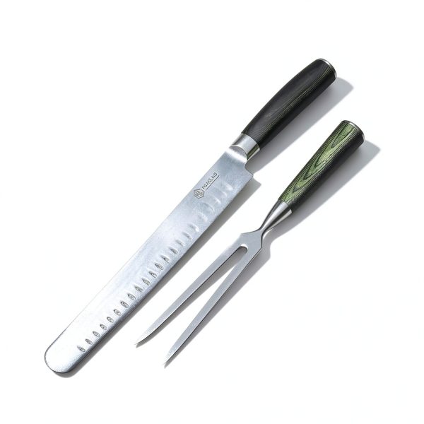 HexClad Carving Knife 10-Inch Fork, Damascus Steel Pakkawood Handle-0