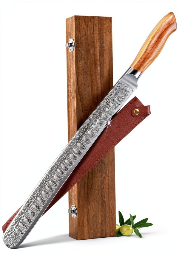 Damascus Brisket Knife 12" Emojoy Japanese Steel Olive Wood-0