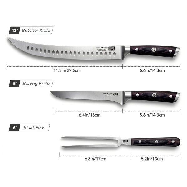 Carving Knife Set SHAN ZU 3-Piece 12" Stainless Steel with Wood Handle-1