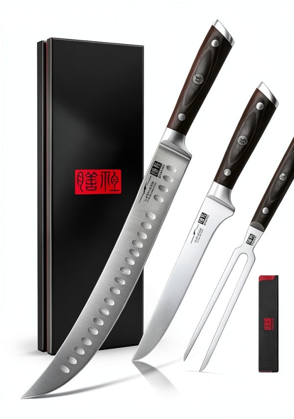 Carving Knife Set SHAN ZU 3-Piece 12" Stainless Steel with Wood Handle-0