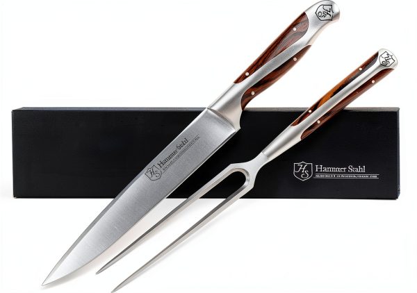German Forged Steel Carving Knife & Fork Set Hammer Stahl 8in-0
